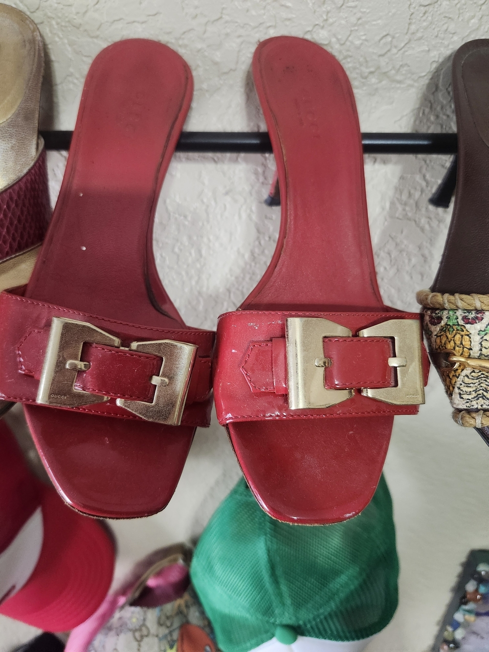 Gucci Red Leather Slide Heels with Gold Buckle Accents